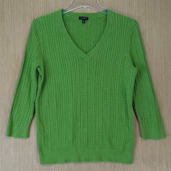 Talbots Sweaters - Talbots Preppy Green‎ Cable Knit V-Neck Cotton Sweater Womens Medium 3/4 Sleeve